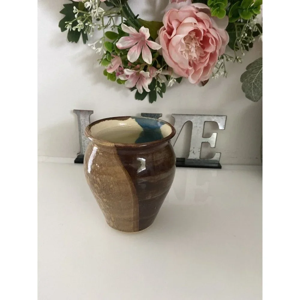 Blue and Brown Glazed Rare Signed by Artist Jen O MCM Studio Art Pottery Vase 5